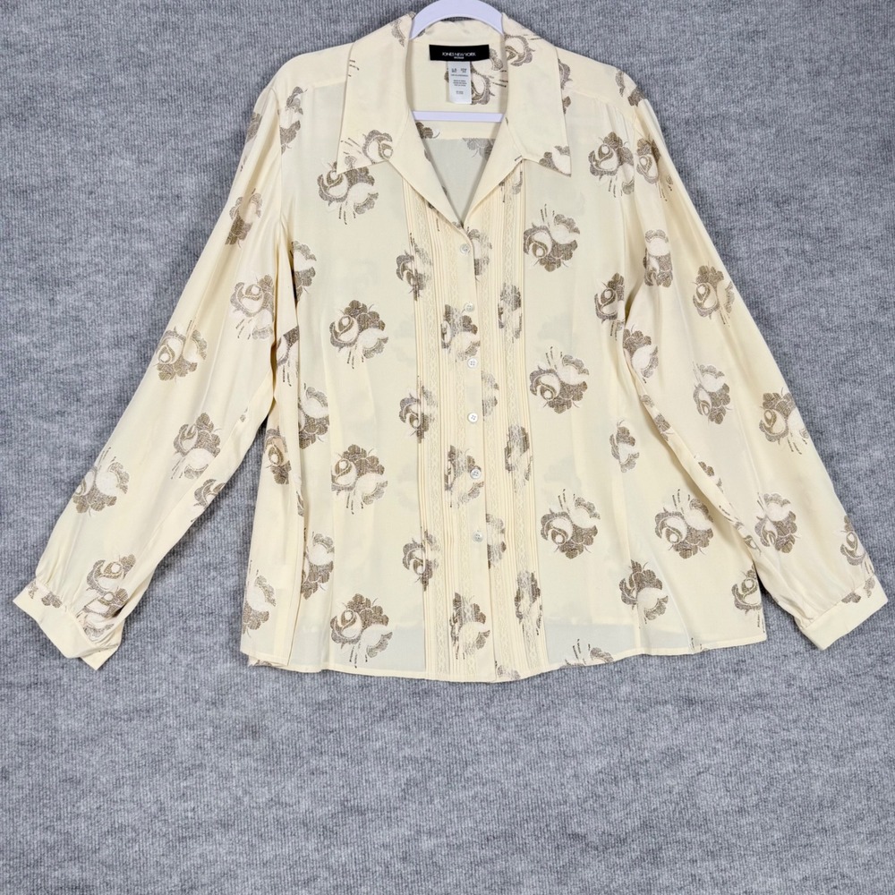 Jones New York Size-20W Woman Silk Blouse Cream Floral Pintuck Button Down Top